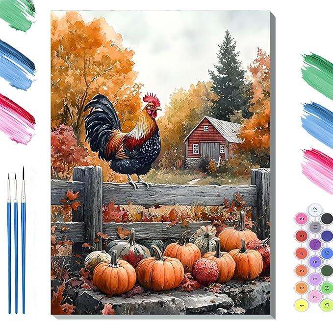 Paint by Numbers Kit for Adults Framed, Autumn Rooster with Pumpkins Farmhouse Scene, DIY Oil Painting, Pre-Printed Canvas Wall Art Home Decor Gift, 20x24inch Framed, 24 Colors