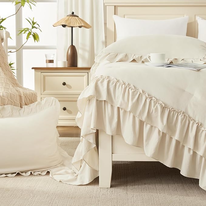Andency Twin XL Ruffle Comforter Set, 2 Pieces Shabby Chic Farmhouse Bedding Set, Lightweight Soft Comforter Set 68×92In for Girls Women (1 Comforter 1 Pillowcase), Beige