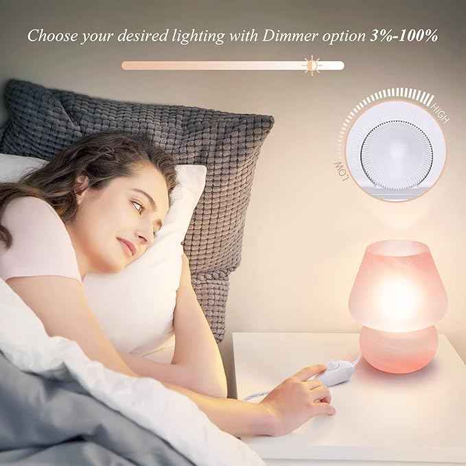ONEWISH Mushroom Lamp Cute Table Lamp for Bedroom Nightstand Soft Light Pink, Small Glass Nightlight Stepless Dimmable Desk Lamp for Dining, Living, Nursery, Vanity, Home Decor Lamp for Girls Women