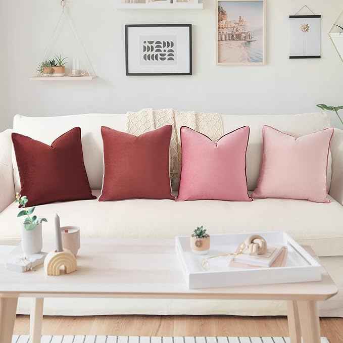 MONDAY MOOSE Decorative Throw Pillow Covers Cushion Cases, Set of 4 Soft Velvet Modern Double-Sided Designs, Mix and Match, Pillow Inserts Not Included (16x16 inch, Pink/Dark Pink)