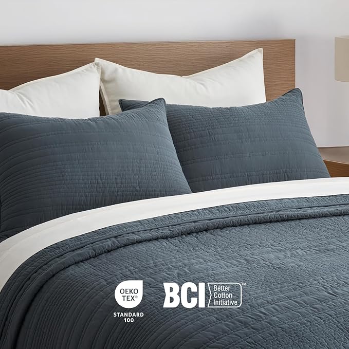EVERGRACEHOME 100% Cotton Modern Lines Quilt Set King Size, Pre-Washed Soft Striped Coverlet Bedspread, 3 Piece Lightweight Bedding Set for All Season, with 2 Pillow Shams, Midnight Blue