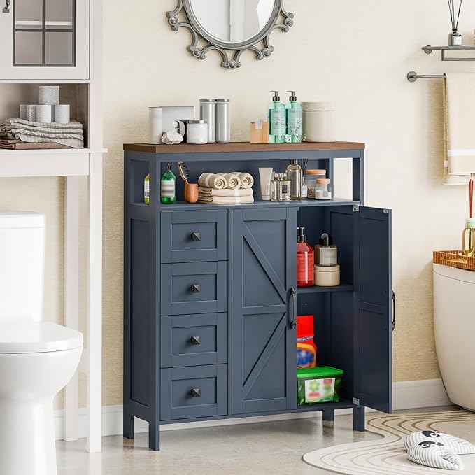 Vabches Farmhouse Storage Cabinet with 2 Doors and 4 Drawers, Freestanding Bathroom Compartment Kitchen Pantry Cabinet, Floor Cupboard for Kitchen/Living Room/Bathroom,Blue