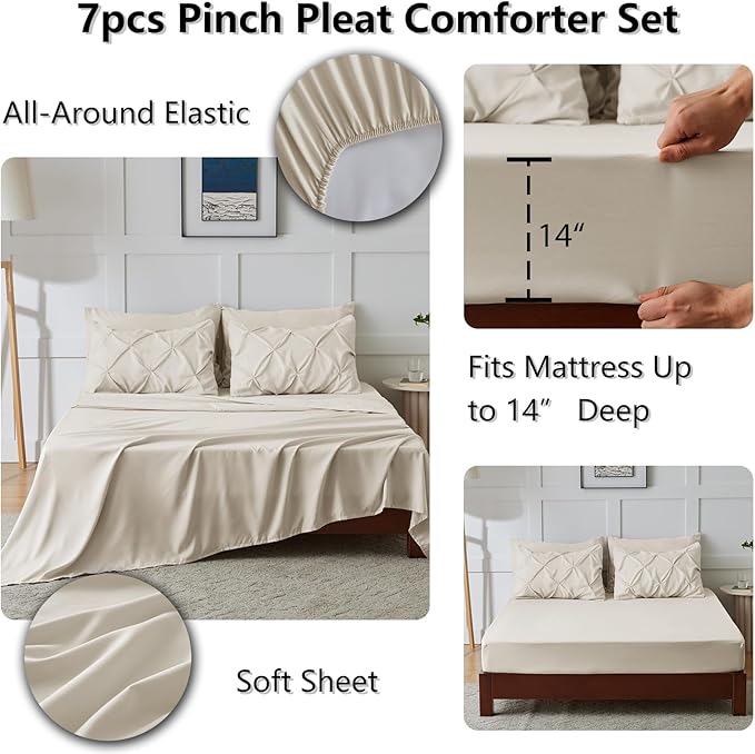 CozyLux Oversized Queen Comforter Sets Beige, 7 Pieces Oversized Queen Pintuck Bed in A Bag, Pinch Pleat Bedding Sets with All Season Comforter, Flat Sheet, Fitted Sheet, Pillowcases & Shams