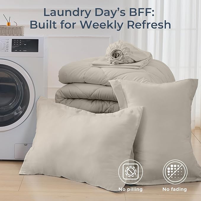 HEVUMYI Linen Twin-XL Comforter Set - 5-Piece All Season Bed in a Bag Twin-XL, Ultra Soft Bedding Set with Comforter, Flat Sheet, Fitted Sheet, Pillowcases, Pillow Shams
