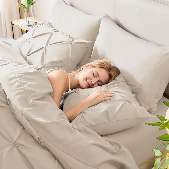 CozyLux California King Comforter Set Beige - 7 Pieces Cal King Bed in A Bag Gift for Family, Pinch Pleat Bedding Sets with All Season Comforter, Sheets, Pillowcases & Shams