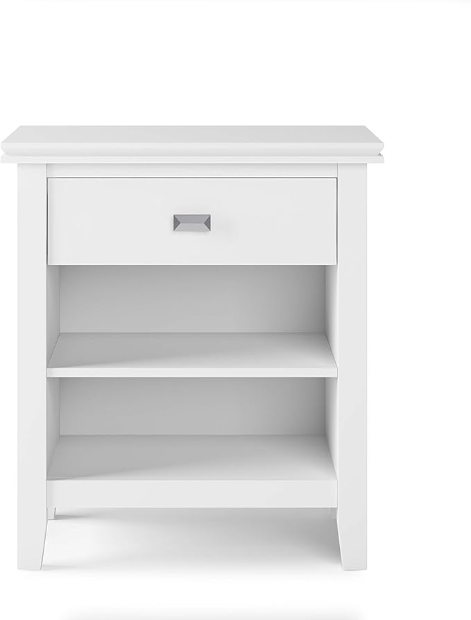 SIMPLIHOME Artisan Bedside Table - 24 inch Wide Solid Wood Nightstand Table in White, Contemporary Bedroom Side or End Table with 1 Drawer, Open Shelf Storage and Bronze Knobs