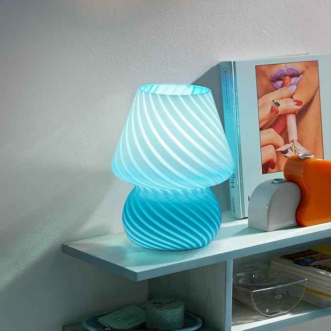 ONEWISH Mushroom Lamp, Small Table Lamp with Sea Blue Striped Glass, Nightstand Lamp Bulb Included