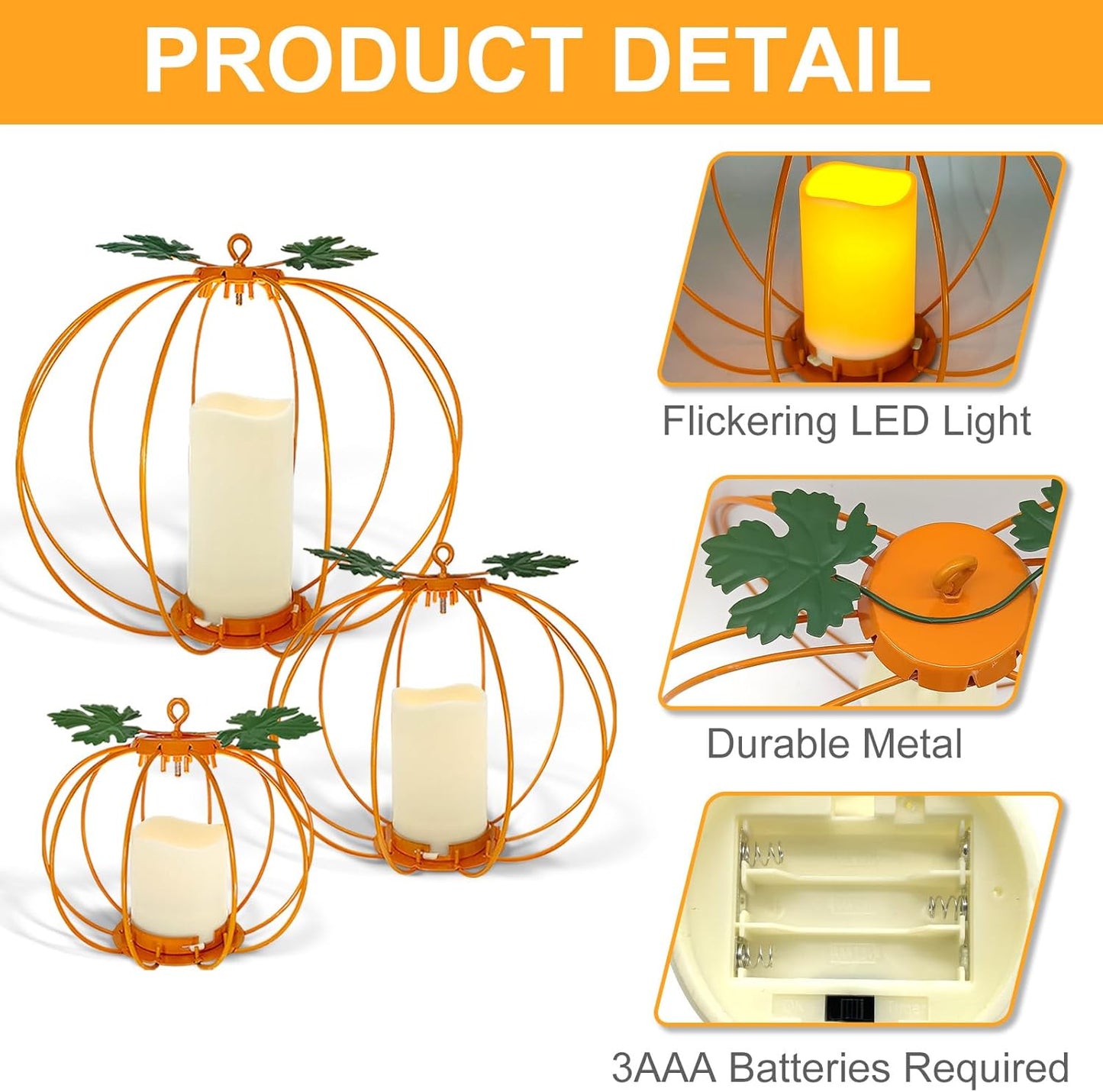 Halloween Metal Pumpkin Candle Holder, 3 Pcs Light up Orange Pumpkin Lantern with LED Flickering Yellow Candle Lights Build in Timer for Thanksgiving Halloween Harvest Fall Home Decor