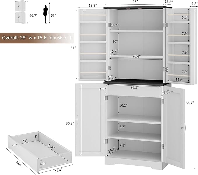 Shintenchi Kitchen Pantry Cabinet, Freestanding Farmhouse Storage Cabinet with 8 Door Shelves, 2 Cabinets and 1 Drawer, Tall Cupboard for Kitchen, Living Room, Dining Room and Bathroom, White