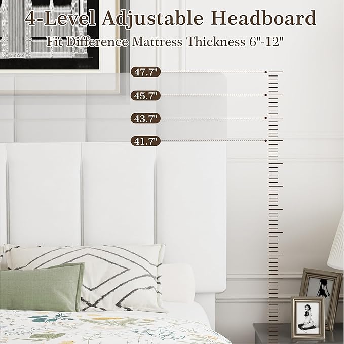 VECELO Full Bed Frame with Upholstered Headboard, Heavy-Duty Platform Bedframe with Strong Wooden Slats Support, No Boxing Spring Needed, Pure White