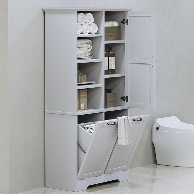 68" Tall Bathroom Storage Cabinet with Two Doors and Two Laundry Hampers for Home Display Organizer, Adjustable Shelf, Gray