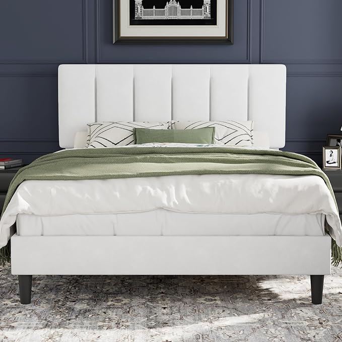 VECELO Queen Bed Frame with Upholstered Headboard, Heavy-Duty Platform Bedframe with Strong Wooden Slats Support, No Boxing Spring Needed, Pure White