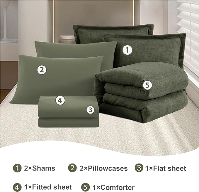 Geniospin King Size Comforter Set- 7 Piece Dark Green Textured King Bedding Set, Soft Solid Bed in a Bag for All Season, King Comforter Set with Sheets(Dark Green,102''x90'')