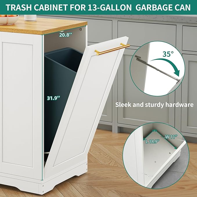YITAHOME 53 inch Large Rolling Kitchen Island with Trash Can Storage Cabinet, Portable Mobile Islands Table Long Floating Movable w Wheels Cabinet for 13 Gallon Garbage Bin 2 Drawer, White Oak