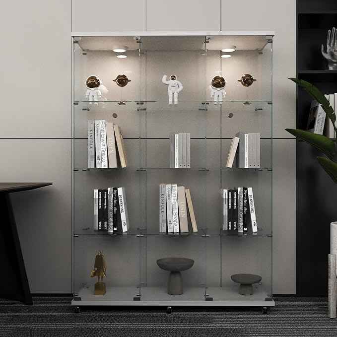 Beauty4U Glass Display Cabinet with LED Lights, Extra Large 3 Columns 2 Doors Curio Cabinets with 12 Shelves for Living Room, Bedroom, Office, White Floor Standing DIY Glass Bookshelf