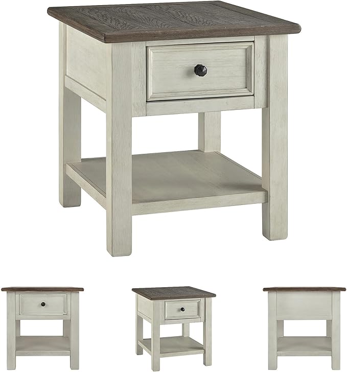 Signature Design by Ashley Bolanburg Farmhouse Rectangular End Table, Plank Style Top, Drawer, Wood, 24" W x 27" D x 25" H, 2-tone Finish, Antique Cream