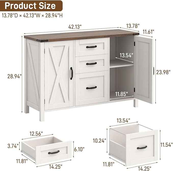 Vabches File Cabinet with 3 Drawers, Farmhouse Lateral File Cabinet Fits Files Letter/A4 Size, Wooden Filing Cabinet with Door and Adjustable Shelves Printer Stand for Home Office, Rustic White