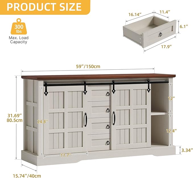 DWVO 59" Sideboard Buffet Cabinet with Storage, Kitchen Storage Cabinet with Sliding Barn Doors and 4 Drawers for Living Room/Kitchen, White Oak