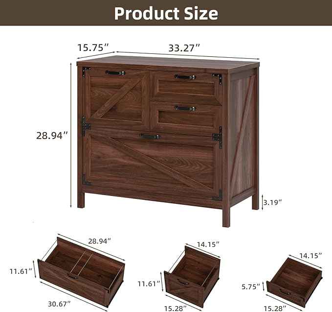 Vabches 4-Drawer Wood Lateral File Cabinet for Hanging Files Letter/A4/Legal Size, Large Farmhouse File Cabinets for Home Office, Printer Stand with Office Cabinet, Rustic Brown