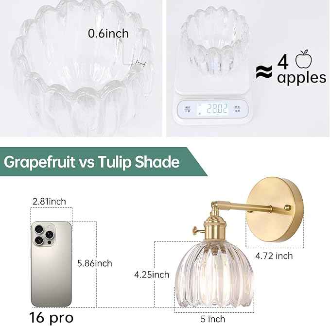Vintage Wall Sconces Set of 2 with Transparent Tulip Glass Lampshade 180 Degree Adjustable Brass Sconces Hradwired Modern Wall Lighting Fixture with Switch for Bedside Bedroom Doorway