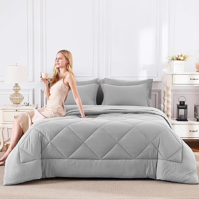 CozyLux Oversized Queen Comforter Set Light Grey, 7 Pieces Bed in a Bag Comforter Set with Sheets Luxury Bed Set All Seasons, Bedding Set with Down Alternative Comforter, Sheets, Pillowcases & Shams