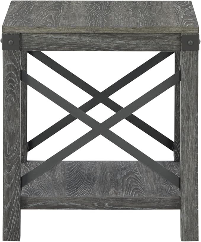 Signature Design by Ashley Freedan Rustic Square Farmhouse End Table, Wood, Metal Crossbuck Accents, Lower Display Shelf, 22.63" High, Gray