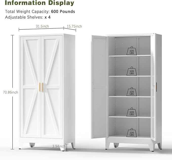 COFaR 5 Tier Metal Farmhouse Storage Cabinet with 2 Barn Door, 4 Adjustable Shelves and Legs, for Kitchen, Dining Room, Bathroom, Living Room, Office