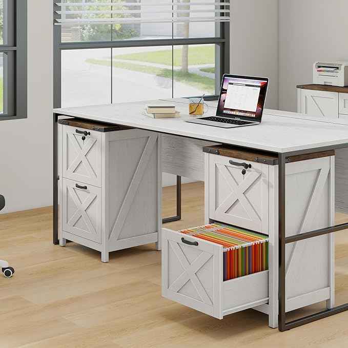Vabches Vertical File Cabinet with 2 Drawers, Wooden Farmhouse Filing Cabinet for Letter/A4 Size Hanging Files, Under Desk Printer Stand with Storage for Home Office, White and Lock