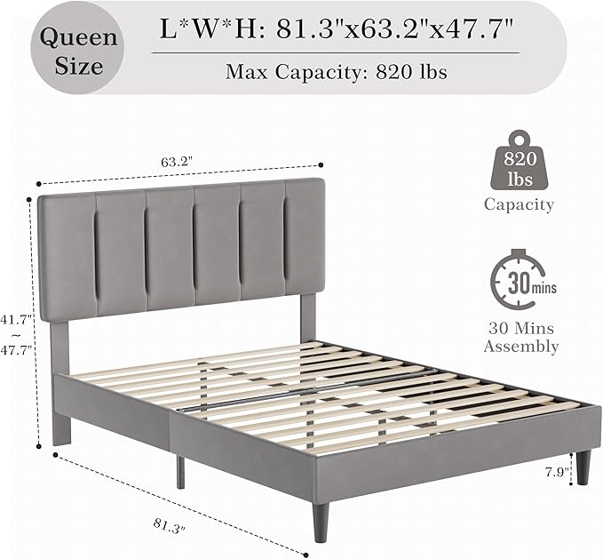 VECELO Queen Bed Frame with Upholstered Headboard, Heavy-Duty Platform Bedframe with Strong Wooden Slats Support, No Boxing Spring Needed, Dark Grey