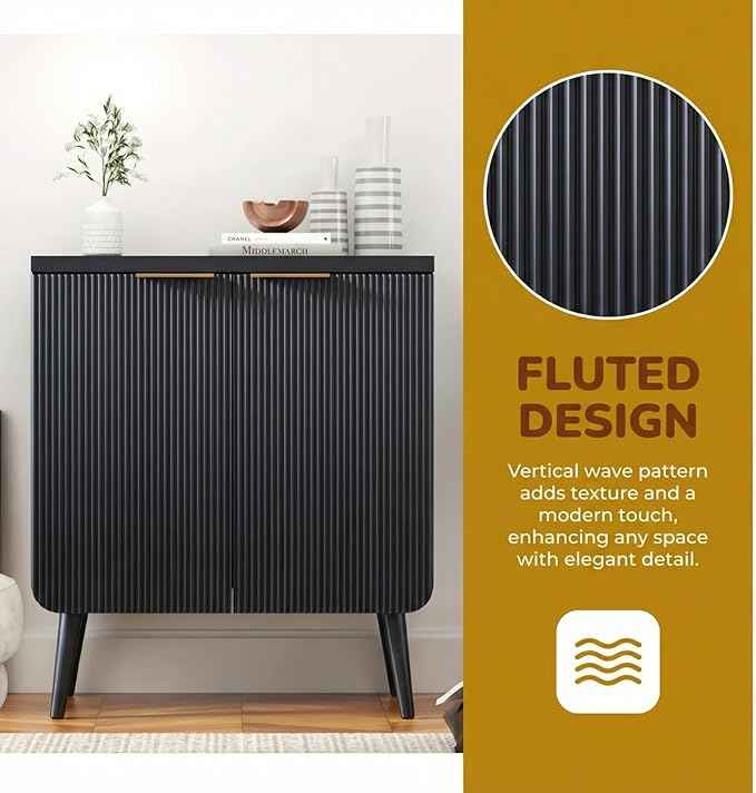 23.6" Modern Fluted Sideboard Cabinet with 2 Doors, Wood Storage Credenza with Shelves, Multi-Purpose Buffet Cabinet for Entryway, Dining & Living Room, Black
