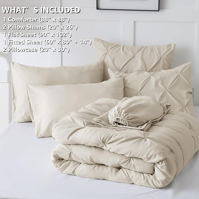 CozyLux Queen Comforter Set Oatmeal, 7 Pieces Pintuck Bed in A Bag, Premium Oatmeal Comforter Queen Size, Pinch Pleat Bedding Sets with Comforter, Sheets, Pillowcases & Shams