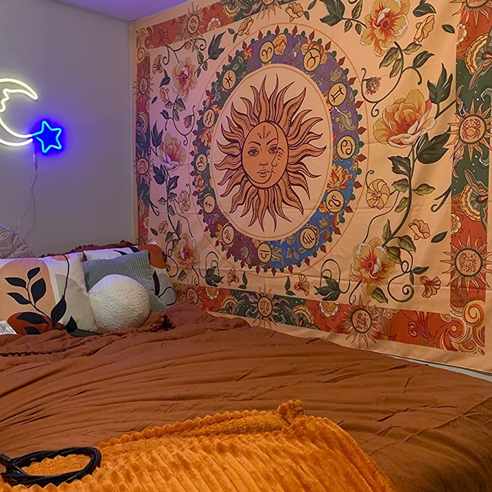 Yellow Sun and Moon Tapestry Hippie Indie Tapestries Boho Orange Flower Floral Tapestry Wall Hanging Cool Vintage Aesthetic Wall Tapestry for Bedroom Living Room Dorm