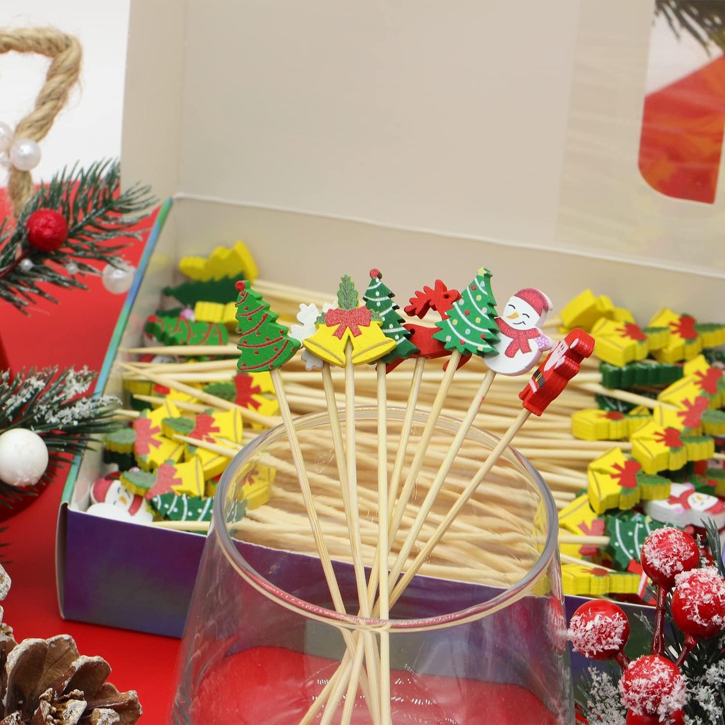 Christmas Cocktail Picks Toothpicks Fruit Dessert Sticks Food Sandwich Appetizer Charcuterie Skewers for Xmas Tree Snowman Elk Snowflake Christmas Decorations Themed Party Supplies, 5", 100 Count