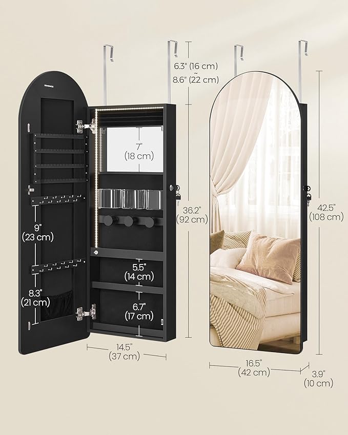 SONGMICS Wide Jewelry Organizer, LED Jewelry Cabinet Wall/Door Mounted, Arched Mirror with Storage, Lockable, Rounded Corner, Interior Mirror, 3.9 x 16.5 x 42.5 Inches, Ink Black UJJC020B01