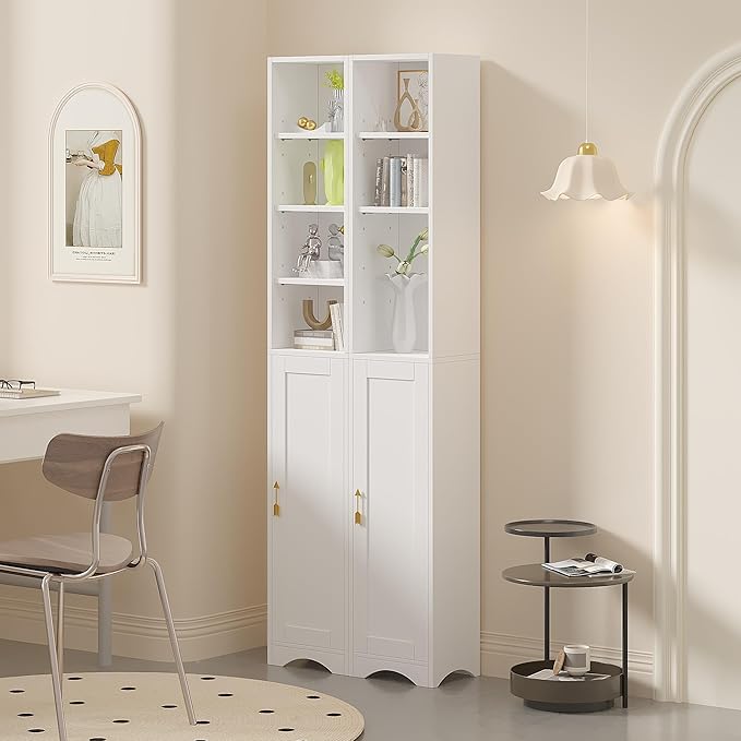 VECELO Narrow Tall Storage Cabinet, Modern Multi-Purpose Bookshelf with Adjustable Shelves & Closed Door, for Kitchen, Living Room, Bathroom, Bedroom, White