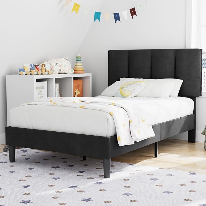 VECELO Twin Size Bed Frame with Upholstered Headboard, Heavy-Duty Bedframe with Wooden Slats & Steel Framework, Easy Assembly, Velvet & Black