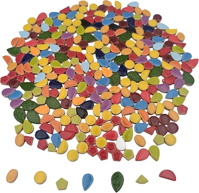 500g/1.1lb Random Color Irregular Ceramics Mosaic Tiles,DIY Making Creative Ceramic Mosaic Tiles for DIY Craft Plates Flowerpots Vases Cups Mosaic Making Supplies (7 Shapes Mixed Color)