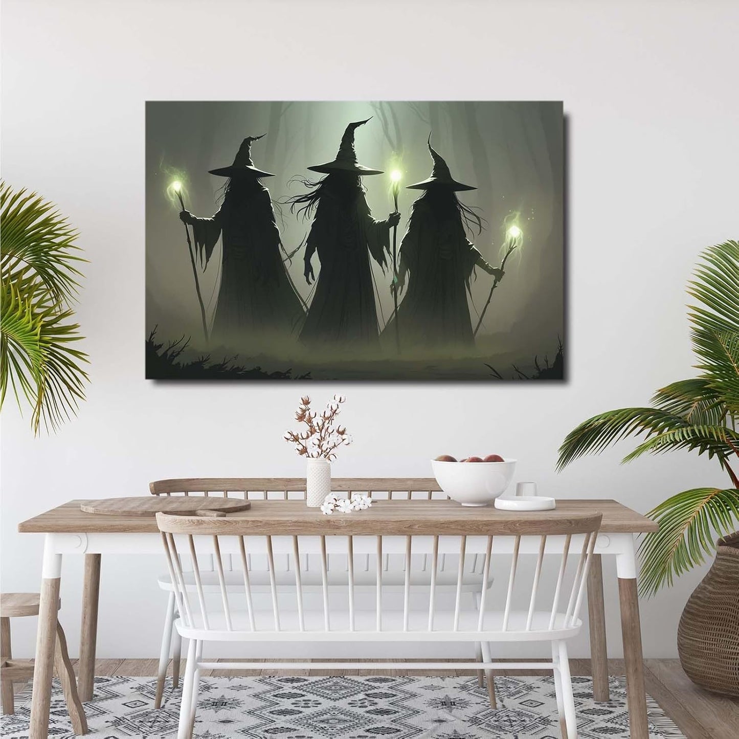 Vintage 3 witches canvas wall decor melancholy dark Halloween poster wall decor holding a staff print Gothic horror Halloween painting print for living room bedroom20x30in Wood Framed