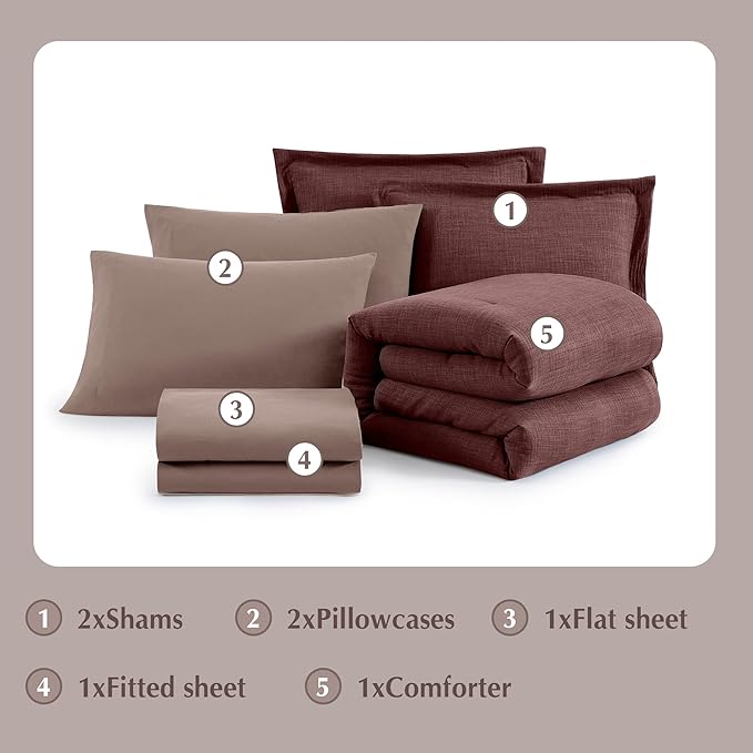 Geniospin King Size Comforter Set- 7 Piece Burgundy Textured King Bedding Set, Soft Solid Bed in a Bag for All Season, King Comforter Set with Sheets(Burgundy,102''x90'')
