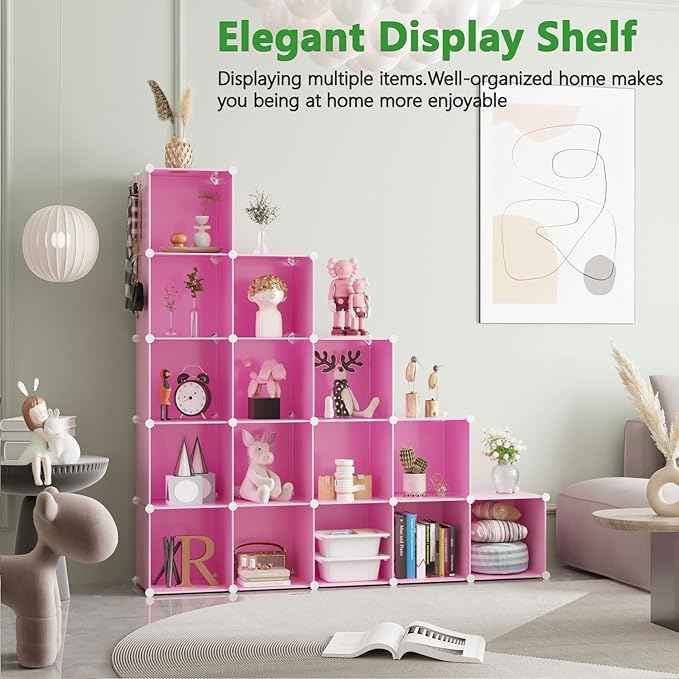 C&AHOME Cube Storage Organizer, 16-Cube Shelves Units, Plastic Storage Cubes, DIY Closet Organizer, Modular Closet Storage Shelves Ideal for Home, Bedroom, 48.4" L × 12.4" W × 48.4" H Pink UPCS16P