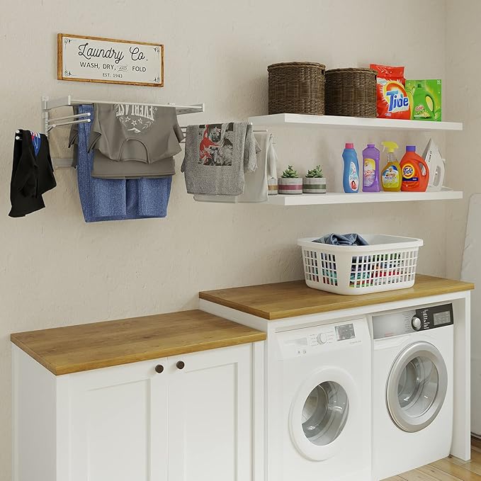 brightmaison BGT Wash Clothes Drying Rack Wall Mount Laundry Room Organizer with Hooks & Swing Arms, 24" Metal Laundry Rack Silver
