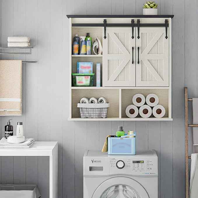 Vabches Bathroom Wall Cabinet, Farmhouse Medicine Cabinet with Double Sliding Barn Door and Adjustable Shelves, Wooden Vintage Storage Cabinet Wall Mounted for Bathroom, Kitchen, White and Black