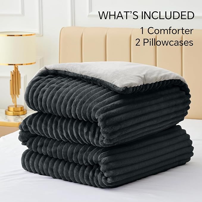 BEDELITE Fleece Oversized Queen Comforter Set -Super Soft & Warm Fluffy Black Bedding, Luxury Fuzzy Heavy Bed Set for Winter with 2 Pillow Cases