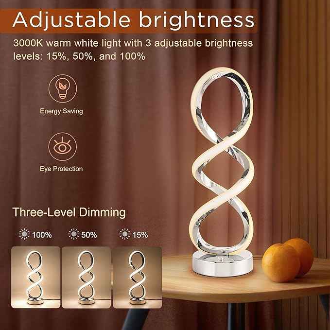 Modern Spiral RGB Table Lamp, Touch Dimmable Bedside Lamp, 7 Colors 10 Light Modes Spiral Design Table Lamp, Unique Nightstand Lamp for Living Room, Bedroom, Cool Lamps, Silver