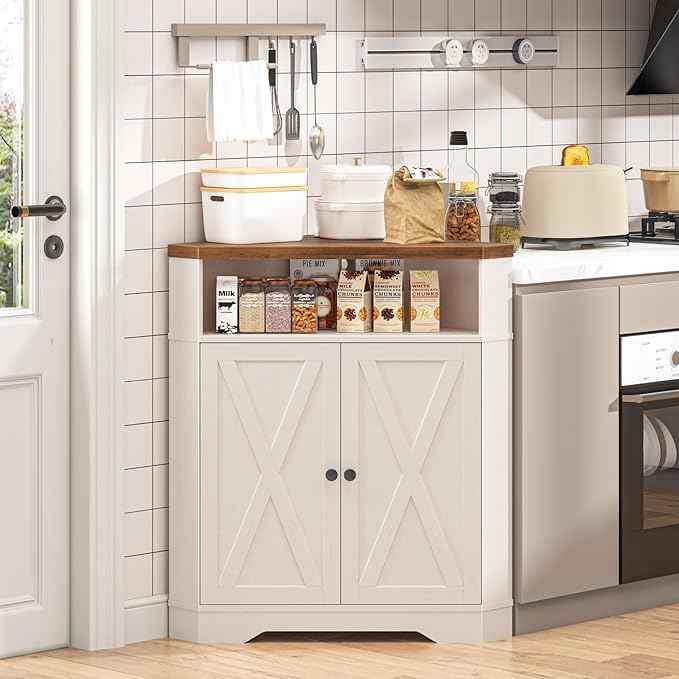 Vabches Corner Storage Cabinet, Small Corner Cabinet with USB Ports and Outlets Organizer, Barn Door Design and Adjustable Shelf, Living Room, Kitchen, Bathroom（White