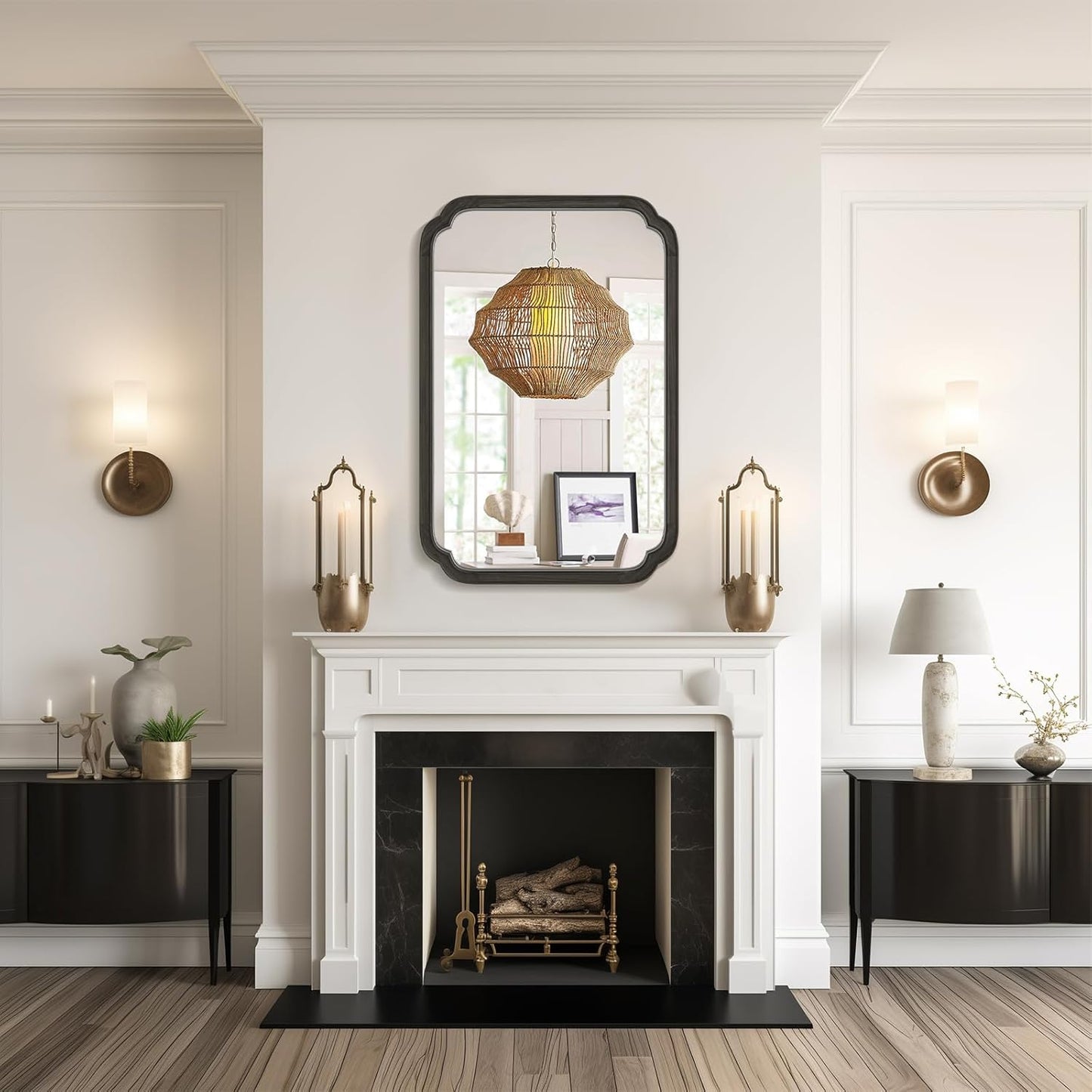 WallBeyond 24" x 36" Rounded Corner Arch Wall Mirror with Wood Frame for Entryway, Living Room or Bedroom Home Decor - Light Woodgrain [24" x 36" Black]