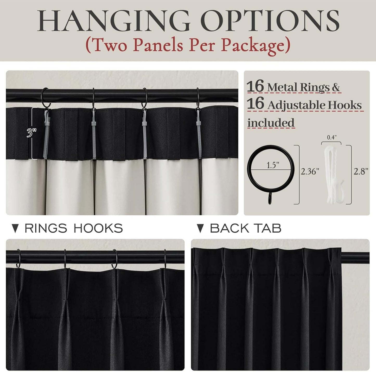 Custom Black Room Darkening Curtains for Bedroom, Lush Decor Heavy 105 Inch Curtains Blackout Pinch Pleated Linen Blend Drapes 2 Panels Set Thermal Privacy for 104-106 Inches Large Window