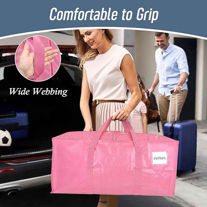 12 Pack Extra Heavy Duty Large Moving Bags with Strong Zipper & Comfortable Handles, Sturdy & Durable Clothes Storage Bags Totes Bins, Packing Moving Boxes for College Supplies, Pink