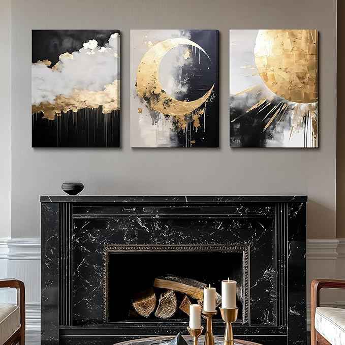 3Pcs Framed Black and Gold Abstract Canvas Wall Art Sun Moon And Cloud Posters Prints Maximalist Pictures Wall Decor For Living Room, Bedroom,bathroom Decoration