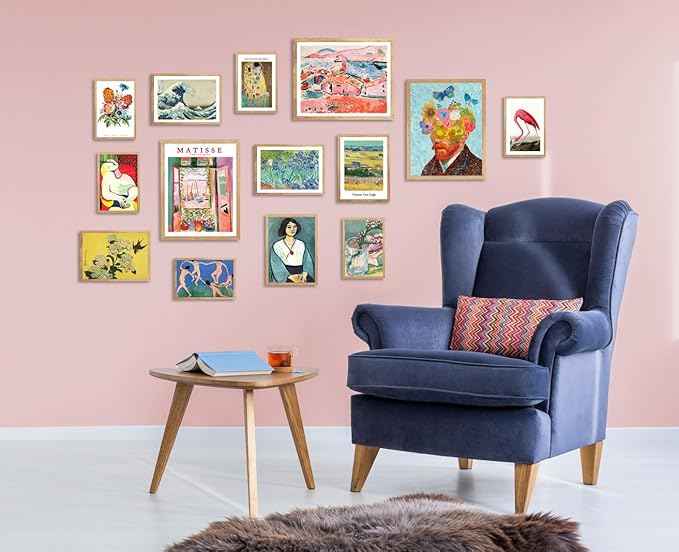 Vintage Eclectic Wall Art, Colorful Bohemian Gallery Wall Art, Retro Maximalist Decor Aesthetic, Funky Eclectic Gallery Wall Art Prints for Bedroom, Famous Artist Painting Pictures (with Beige Frame)
